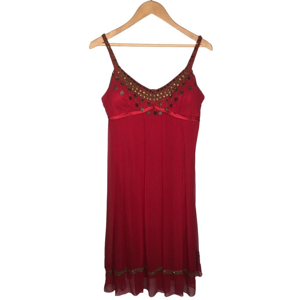 Adrianna Papell Evening Silk Embellished Beaded Gypsy Strap Dress Red 12